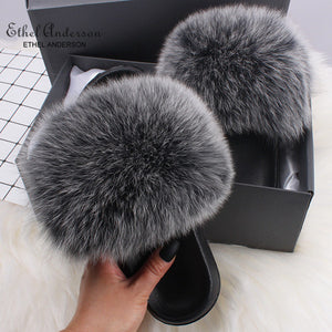 Ethel Anderson Fashion Real Raccoon Fur Slides Slippers Summer Flip Flops Casual Vogue Fox Fur Sandals Vogue Plush Shoes