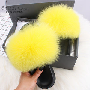 Ethel Anderson Fashion Real Raccoon Fur Slides Slippers Summer Flip Flops Casual Vogue Fox Fur Sandals Vogue Plush Shoes