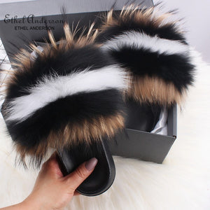 Ethel Anderson Fashion Real Raccoon Fur Slides Slippers Summer Flip Flops Casual Vogue Fox Fur Sandals Vogue Plush Shoes