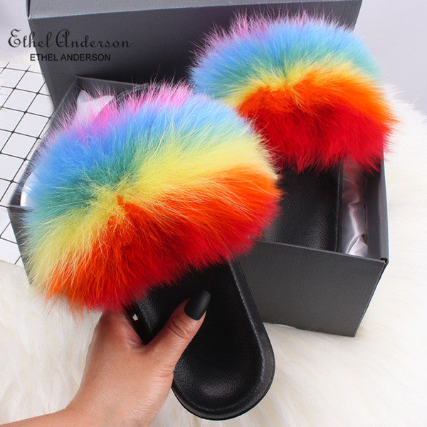 Ethel Anderson Fashion Real Raccoon Fur Slides Slippers Summer Flip Flops Casual Vogue Fox Fur Sandals Vogue Plush Shoes