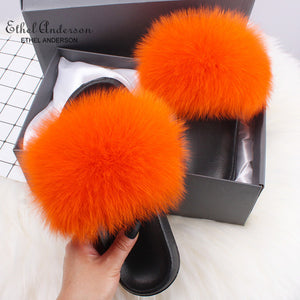 Ethel Anderson Fashion Real Raccoon Fur Slides Slippers Summer Flip Flops Casual Vogue Fox Fur Sandals Vogue Plush Shoes