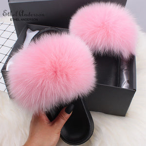 Ethel Anderson Fashion Real Raccoon Fur Slides Slippers Summer Flip Flops Casual Vogue Fox Fur Sandals Vogue Plush Shoes