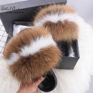 Ethel Anderson Fashion Real Raccoon Fur Slides Slippers Summer Flip Flops Casual Vogue Fox Fur Sandals Vogue Plush Shoes