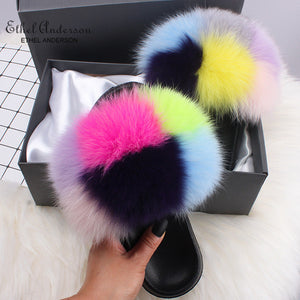 Ethel Anderson Fashion Real Raccoon Fur Slides Slippers Summer Flip Flops Casual Vogue Fox Fur Sandals Vogue Plush Shoes