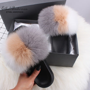 Ethel Anderson Fashion Real Raccoon Fur Slides Slippers Summer Flip Flops Casual Vogue Fox Fur Sandals Vogue Plush Shoes