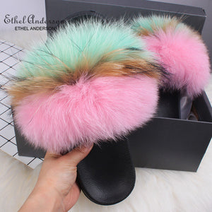 Ethel Anderson Fashion Real Raccoon Fur Slides Slippers Summer Flip Flops Casual Vogue Fox Fur Sandals Vogue Plush Shoes