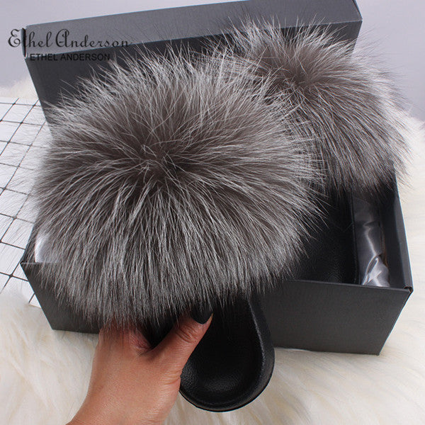 Ethel Anderson Fashion Real Raccoon Fur Slides Slippers Summer Flip Flops Casual Vogue Fox Fur Sandals Vogue Plush Shoes