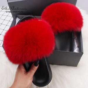Ethel Anderson Fashion Real Raccoon Fur Slides Slippers Summer Flip Flops Casual Vogue Fox Fur Sandals Vogue Plush Shoes