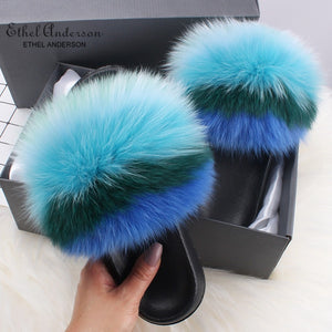 Ethel Anderson Fashion Real Raccoon Fur Slides Slippers Summer Flip Flops Casual Vogue Fox Fur Sandals Vogue Plush Shoes