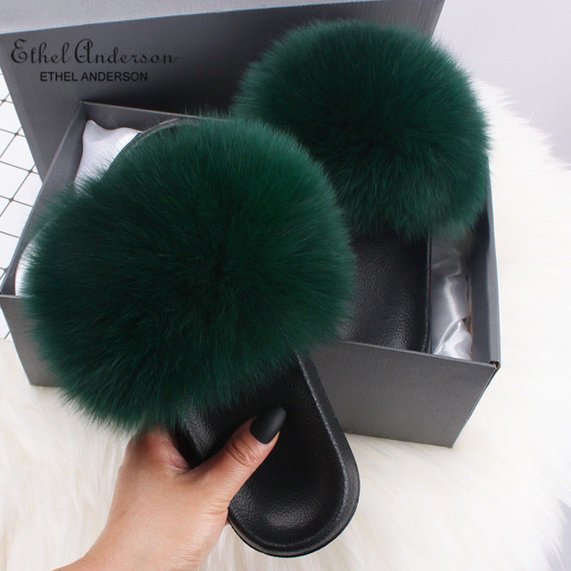 Ethel Anderson Fashion Real Raccoon Fur Slides Slippers Summer Flip Flops Casual Vogue Fox Fur Sandals Vogue Plush Shoes