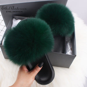 Ethel Anderson Fashion Real Raccoon Fur Slides Slippers Summer Flip Flops Casual Vogue Fox Fur Sandals Vogue Plush Shoes