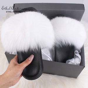 Ethel Anderson Fashion Real Raccoon Fur Slides Slippers Summer Flip Flops Casual Vogue Fox Fur Sandals Vogue Plush Shoes