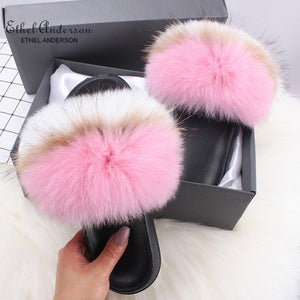 Ethel Anderson Fashion Real Raccoon Fur Slides Slippers Summer Flip Flops Casual Vogue Fox Fur Sandals Vogue Plush Shoes