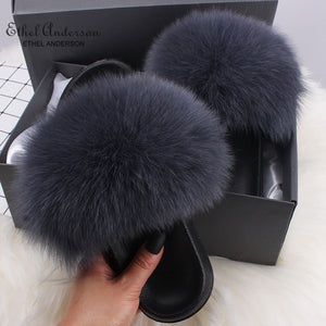 Ethel Anderson Fashion Real Raccoon Fur Slides Slippers Summer Flip Flops Casual Vogue Fox Fur Sandals Vogue Plush Shoes