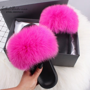 Ethel Anderson Fashion Real Raccoon Fur Slides Slippers Summer Flip Flops Casual Vogue Fox Fur Sandals Vogue Plush Shoes
