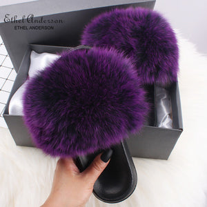 Ethel Anderson Fashion Real Raccoon Fur Slides Slippers Summer Flip Flops Casual Vogue Fox Fur Sandals Vogue Plush Shoes