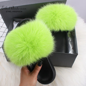 Ethel Anderson Fashion Real Raccoon Fur Slides Slippers Summer Flip Flops Casual Vogue Fox Fur Sandals Vogue Plush Shoes