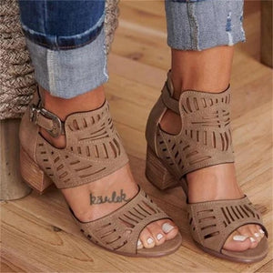 Vintage Hollow Out Sandals Mid Heel Summer Slip-on Buckle Ladies Shoes Artificial Open Toe Casual Wedding Pumps Women Sandalias