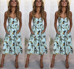Vintage Casual Sundress Female Beach Dress Midi Button Backless Polka Dot Striped Women Dress Summer 2020 Boho Sexy Floral Dress