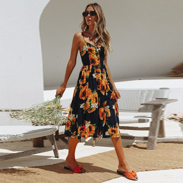 Vintage Casual Sundress Female Beach Dress Midi Button Backless Polka Dot Striped Women Dress Summer 2020 Boho Sexy Floral Dress