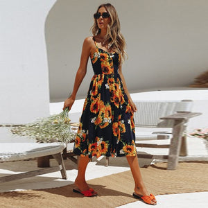 Vintage Casual Sundress Female Beach Dress Midi Button Backless Polka Dot Striped Women Dress Summer 2020 Boho Sexy Floral Dress