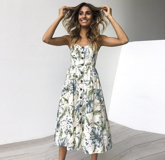 Vintage Casual Sundress Female Beach Dress Midi Button Backless Polka Dot Striped Women Dress Summer 2020 Boho Sexy Floral Dress