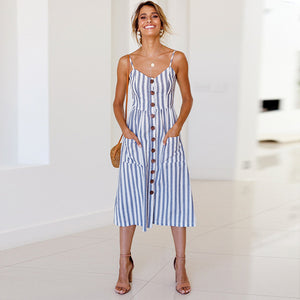 Vintage Casual Sundress Female Beach Dress Midi Button Backless Polka Dot Striped Women Dress Summer 2020 Boho Sexy Floral Dress