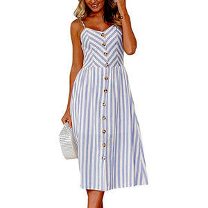 Vintage Casual Sundress Female Beach Dress Midi Button Backless Polka Dot Striped Women Dress Summer 2020 Boho Sexy Floral Dress
