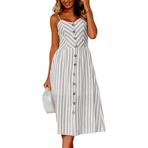 Vintage Casual Sundress Female Beach Dress Midi Button Backless Polka Dot Striped Women Dress Summer 2020 Boho Sexy Floral Dress