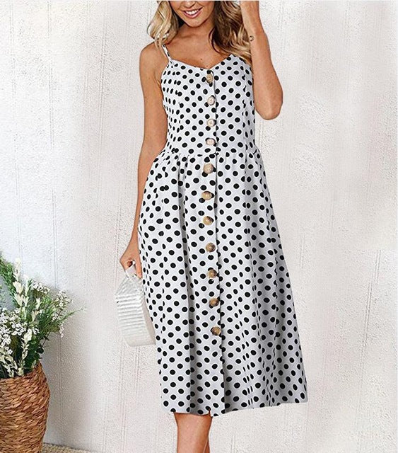 Vintage Casual Sundress Female Beach Dress Midi Button Backless Polka Dot Striped Women Dress Summer 2020 Boho Sexy Floral Dress