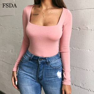 FSDA Long Sleeve Knitted Skinny Bodysuit Women Winter Autumn Winter Solid Square Collar White Black Casual Body Top Jumpsuit