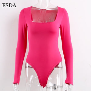 FSDA Long Sleeve Knitted Skinny Bodysuit Women Winter Autumn Winter Solid Square Collar White Black Casual Body Top Jumpsuit