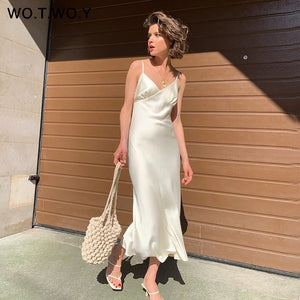 WOTWOY Sexy V-neck Sleeveless Dresses Women Spaghetti Strap Mid-Calf Sheath Party Dresses Femme Clothes Women Summer 2020 New