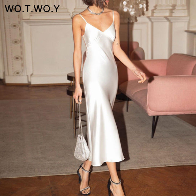WOTWOY Sexy V-neck Sleeveless Dresses Women Spaghetti Strap Mid-Calf Sheath Party Dresses Femme Clothes Women Summer 2020 New