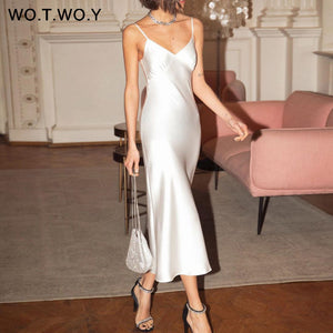 WOTWOY Sexy V-neck Sleeveless Dresses Women Spaghetti Strap Mid-Calf Sheath Party Dresses Femme Clothes Women Summer 2020 New