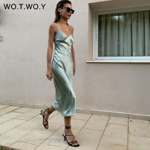 WOTWOY Sexy V-neck Sleeveless Dresses Women Spaghetti Strap Mid-Calf Sheath Party Dresses Femme Clothes Women Summer 2020 New
