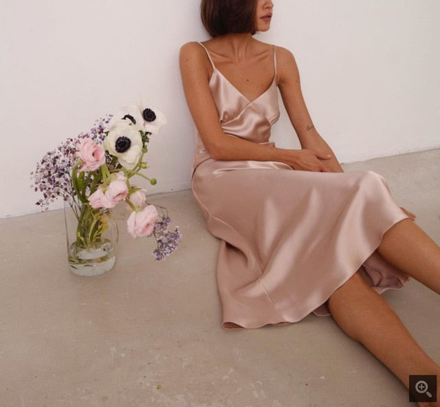 WOTWOY Sexy V-neck Sleeveless Dresses Women Spaghetti Strap Mid-Calf Sheath Party Dresses Femme Clothes Women Summer 2020 New