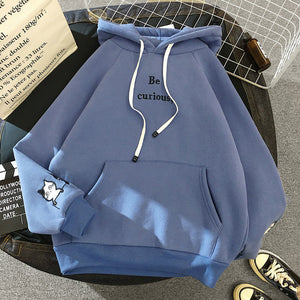 Harajuku Cat Printed Long Sleeve Hoodies Women Winter Autumn Plush Fleece Hooded Sweatshirt Cute Patchwork Pockets Pullover Tops