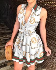2020 Fashion Women Summer Elegant Chain Print Tie Waist Sleeveless Shirt Dress Lady Sexy Casual Belted V Neck Mini Dress