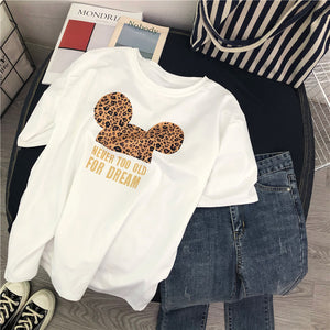 Summer Women T Shirts Leopard Mouse Cartoon Printing Tshirt Mickey Ear Short Sleeve Cute Tee Shirt Vogue Tops Female T-shirts