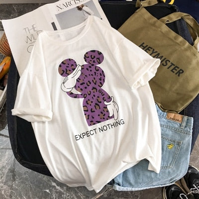 Summer Women T Shirts Leopard Mouse Cartoon Printing Tshirt Mickey Ear Short Sleeve Cute Tee Shirt Vogue Tops Female T-shirts