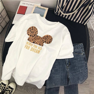 Summer Women T Shirts Leopard Mouse Cartoon Printing Tshirt Mickey Ear Short Sleeve Cute Tee Shirt Vogue Tops Female T-shirts