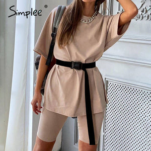 Simplee Casual solid outfits women's two piece suit with belt Home loose sports tracksuits fashion leisure bicycle suit summer