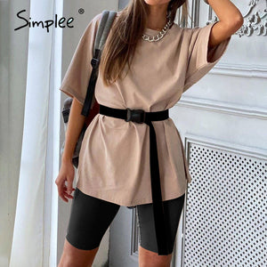 Simplee Casual solid outfits women's two piece suit with belt Home loose sports tracksuits fashion leisure bicycle suit summer