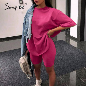 Simplee Casual solid outfits women's two piece suit with belt Home loose sports tracksuits fashion leisure bicycle suit summer