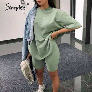 Simplee Casual solid outfits women's two piece suit with belt Home loose sports tracksuits fashion leisure bicycle suit summer