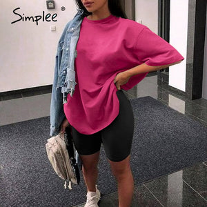 Simplee Casual solid outfits women's two piece suit with belt Home loose sports tracksuits fashion leisure bicycle suit summer
