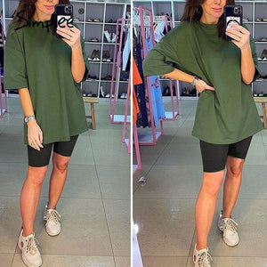 Simplee Casual solid outfits women's two piece suit with belt Home loose sports tracksuits fashion leisure bicycle suit summer