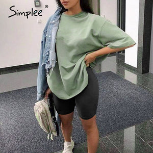 Simplee Casual solid outfits women's two piece suit with belt Home loose sports tracksuits fashion leisure bicycle suit summer