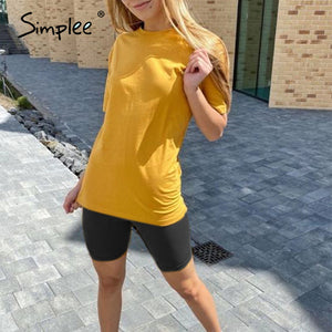 Simplee Casual solid outfits women's two piece suit with belt Home loose sports tracksuits fashion leisure bicycle suit summer